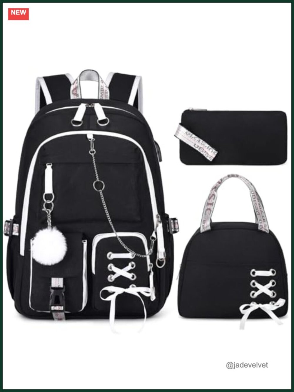 Girls Backpack Set with Lunch Bag and Pencil Case, USB Charging Port, Water